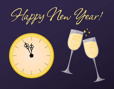 Happy New year greeting card. Midnight on clock and two glasses of champagne clink. New years eve countdown. Vector illustration.のイラスト素材