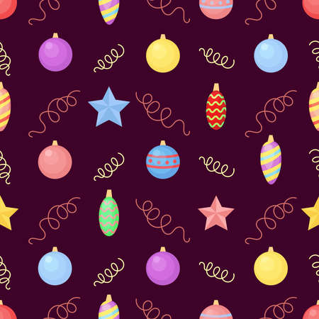 Christmas tree decorations pattern. New Year holiday seamless background. Vector illustration.のイラスト素材