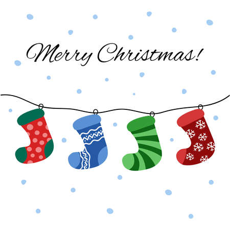 Hanging Christmas socks isolated. Merry Christmas greeting card. Vector illustration.のイラスト素材