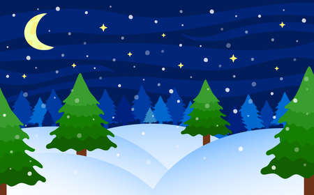 Winter night landscape. Snowy fir forest scenery. Winter season. Vector illustration.のイラスト素材