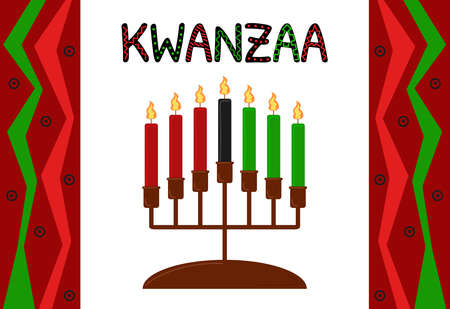 Kwanzaa holiday. Seven candles in candle holder. Kwanzaa symbol isolated. African ornament decor. Vector poster illustration.のイラスト素材