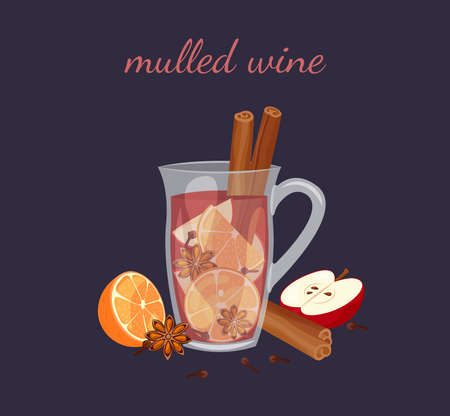 Mulled wine isolated on dark background. Glass mug with hot winter beverage. Ingredients red wine, cinnamon, anise, orange, clove and apple. Vector illustration.のイラスト素材