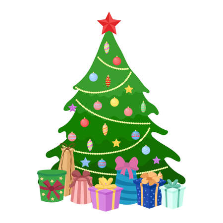 Christmas decorated tree with gifts isolated. Winter holidays symbol. Vector flat illustration.のイラスト素材
