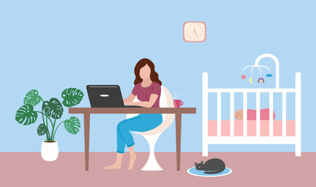 Mom works at home remotely with laptop. Baby sleeping in crib. Young woman working and sitting at table. Vector flat illustration.のイラスト素材