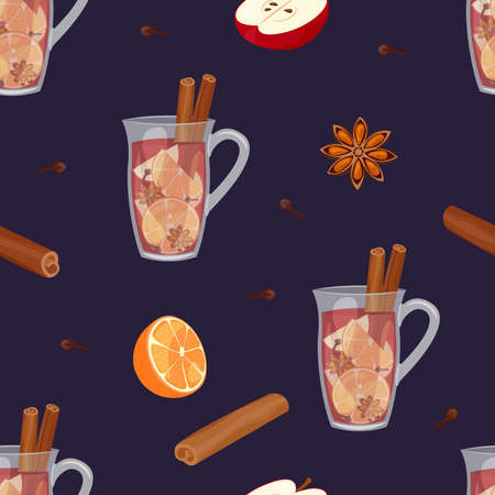 Mulled wine pattern. Seamless dark background with winter hot beverage ingredients. Vector illustration.のイラスト素材