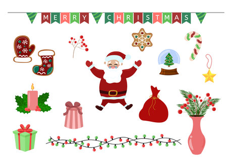 Christmas elements set. Holiday decorations and Santa Claus isolated on white background. Vector flat collection.のイラスト素材
