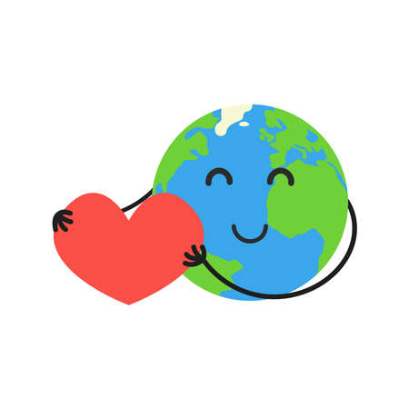 Cute happy Earth holding big red heart. Cartoon planet smiling. Vector isolated illustration.のイラスト素材