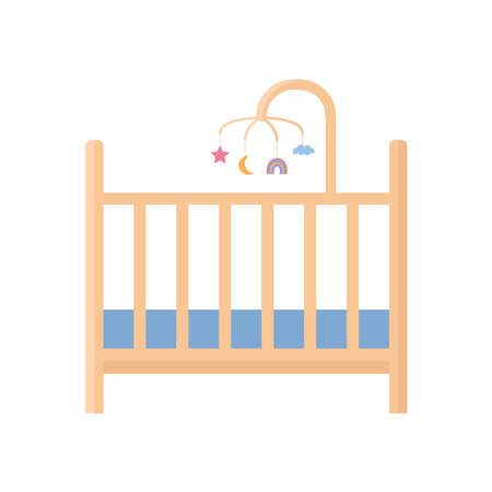 Baby cot isolated. Crib for child. Empty baby bed with carousel for nursery interior. Vector flat illustration.のイラスト素材