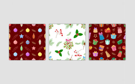 Christmas decorations pattern set. New Year holiday seamless backgrounds. Plants, gift boxes and...