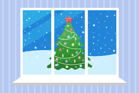 Winter evening view from window. Decorated Christmas tree outdoors. Snowy weather landscape. Vector flat illustration.のイラスト素材
