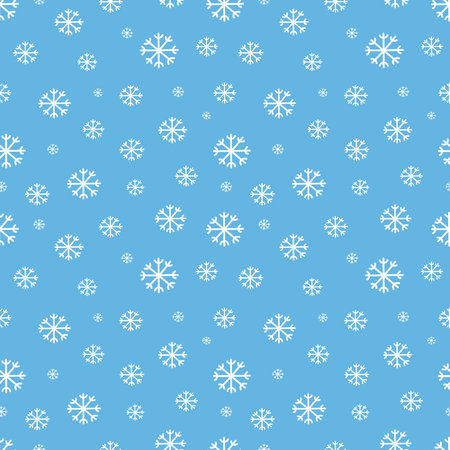 Snowflakes vector seamless pattern. Cute winter blue background with white snow. Flat abstract hand...