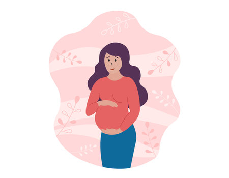 Pregnant woman stands, smiles and touches belly. Happy pregnancy concept. Vector flat illustration.のイラスト素材