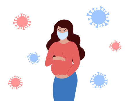 Pregnant woman in medical facial mask and covid virus. Healthy safety pregnancy during pandemic concept. Young mother is afraid of coronavirus. Vector flat illustration.のイラスト素材