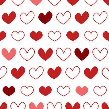 Red hearts seamless pattern. White Valentins day background with love symbols. Vector hand drawn...