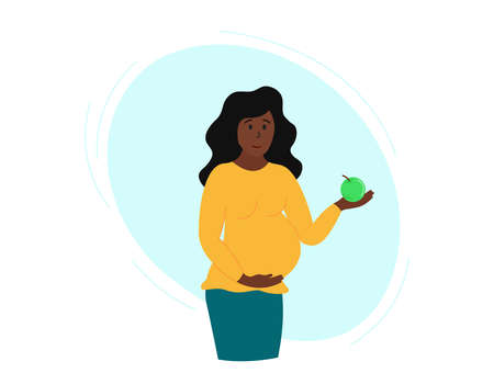 Pregnancy healthy nutrition. Pregnant african american woman holding apple in hand. Woman standing, smiling and going to eat. Vector flat illustration.のイラスト素材