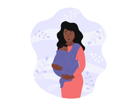 Baby carrier. Happy african american mother holding newborn in sling. Child is wrapped in babycarrier and sleeping. Vector flat illustration.のイラスト素材