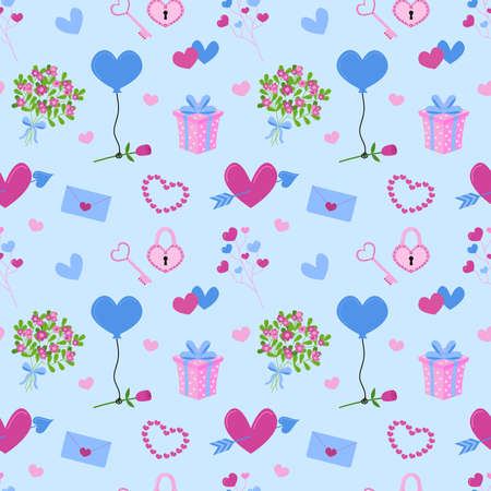 Valentines Day seamless vector pattern. Valetines cute flat elements on blue background.のイラスト素材