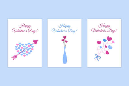 Valentines day romantic greeting cards. Vector collection of holiday postcards. Cute heart with arrow, flower vase and heart twig. Valentines set.のイラスト素材
