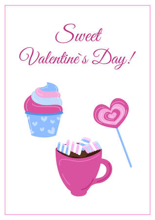 Sweet Valentines Day greeting card. Cute heart lollipop, cupcake and mug with marshmallow. Love holiday. Vector flat illustration.のイラスト素材