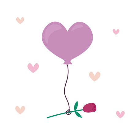 Heart shaped balloon with rose flower. Valentines Day design element isolated. Vector love object illustration for Valentines or wedding card.のイラスト素材