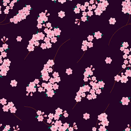 Floral seamless pattern. Sakura flowers. Vector endless dark red background with blossom. Spring design with floral elements.のイラスト素材
