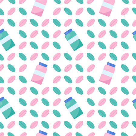 medical seamless pattern. Pharmaceutical concept. Green and pink pills on white background. Vector flat illustration.のイラスト素材