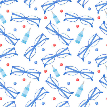 Optical seamless pattern. White background with eyeglasses, vitamins for eyesight and drops. Eyeware vector pattern.のイラスト素材