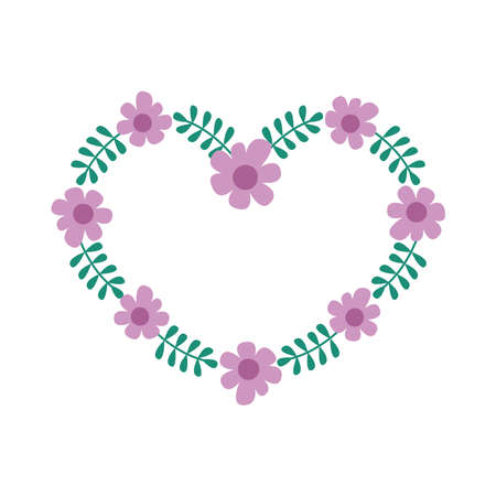 Floral frame heart shaped. Border with cute simple flowers and leaves. Vector flat illustration on white background.のイラスト素材