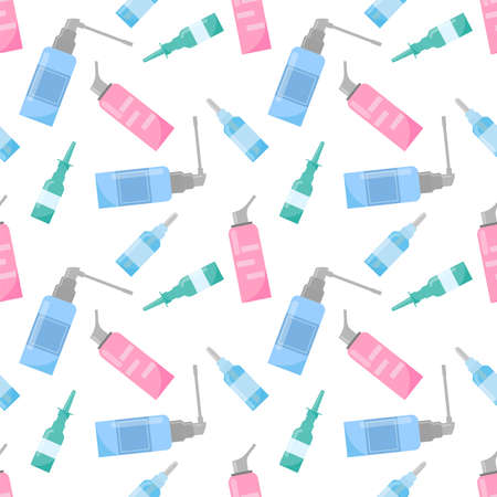 Nasal spray pattern. Pharmacy background with medical drops, sprays for treatment of virus infection. Vector medicine illustration.のイラスト素材