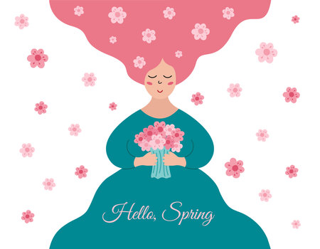 Hello Spring text. Cute beautiful girl with flowers in long hair isolated. Longhair woman smiling and holding blossom bouquet. spring season concept. Vector flat illustration.のイラスト素材