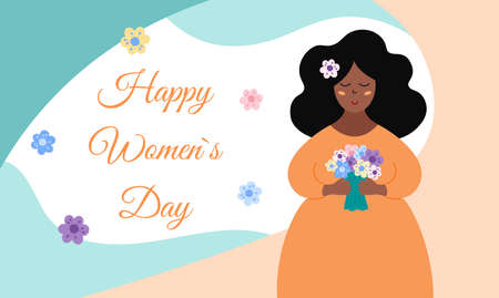 Happy Womens Day poster. Cute beautiful african american woman with long hair holding spring flowers bouquet. Pretty black girl smiling. International Womens Day card. Vector flat illustrationのイラスト素材