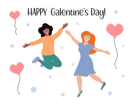 Happy Galentine Day poster. Friends women have fun together at Galentines party on February 13. Female holiday. Vector flat concept illustration.のイラスト素材