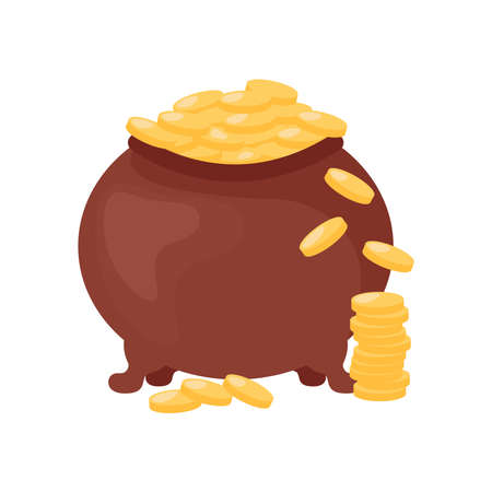 Pot with gold isolated. Symbol of St Patricks Day Irish holiday. Cast iron pot full of shiny golden coins. Vector flat illustration.のイラスト素材