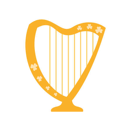 Harp with shamrock ornament. Saint Patricks Day holiday element. Festive harp isolated on white background. Vector flat illustration.のイラスト素材