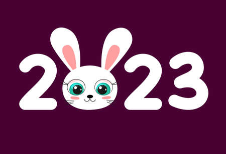 2023 Year of rabbit. Chinese New Year vector cartoon illustration. Numbers 2023 with cute bunny face on dark pink background. Oriental Chinese Zodiac sign.のイラスト素材