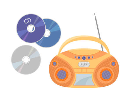 CD recorder isolated and compact disks. 90s CD stereo boombox and discs on white background. Mp3 music player. Vector flat retro illustrationのイラスト素材