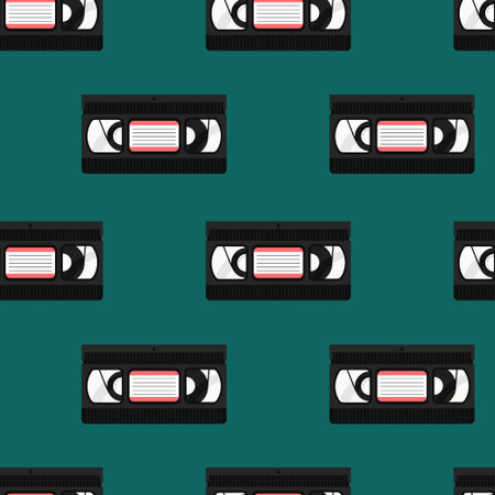 90s VHS pattern. Retro seamless background with video tapes. VHS cassettes isolated. Vector flat illustration for designs, backdrop, textile, fabricのイラスト素材