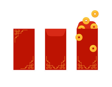 Hongbao red envelopes set. Vector collection of Chinese festive gifts isolated. Traditional envelope with coins, money for Chinese New Year, birthday, wedding and other holidays. flat illustration.のイラスト素材