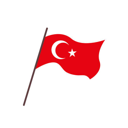 Waving flag of Turkey country. Isolated turkish red flag with emblem on white background. Vector flat illustration.のイラスト素材