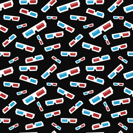 Pattern paper 3d glasses. Vector seamless dark background with anaglyph glasses from 90s. Flat pattern illustrationのイラスト素材