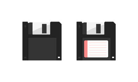 Floppy disk 3,5 inch isolated. Vector flat illustration of retro floppy 3,5-inch diskette with label and without. Vintage 80s and 90s computer data carrierのイラスト素材