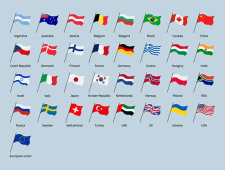 Waving flags of countries set. World flags of some different states of Europe, Asia, America, Australia and Africa. Isolated symbols of European Union, USA, Russia and other. Vector flat illustrationのイラスト素材