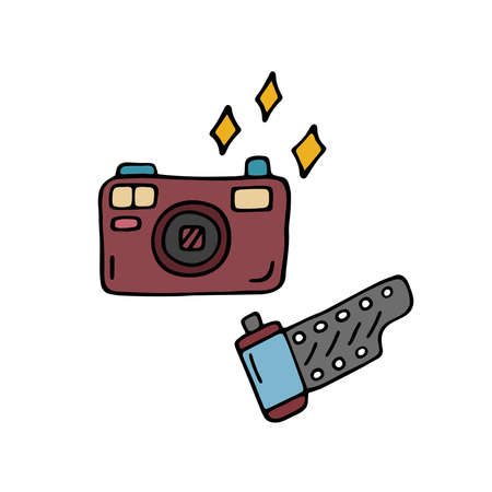 Doodle photo camera and film roll isolated. 90s nostalgia. Vector colored doodle illustration of retro camera from 1990s and 80s. Trendy vintage design photographic elements on white background.のイラスト素材