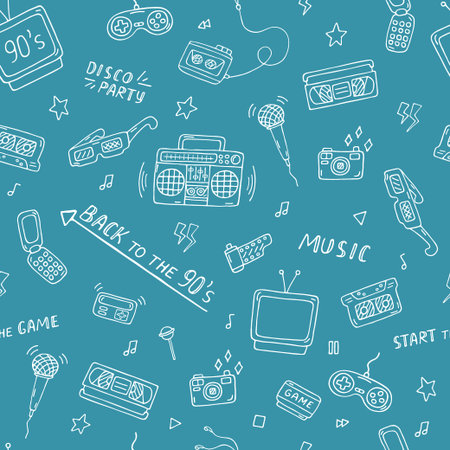 Retro doodle pattern. Back to 90s seamless background. trendy vector pattern. Doodle illustration...