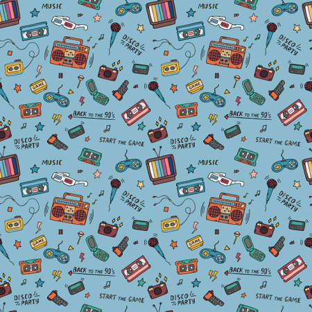 Retro colorful 90s pattern. Doodles seamless background. 1990s nostalgia. Trendy vector pattern for vintage designsのイラスト素材