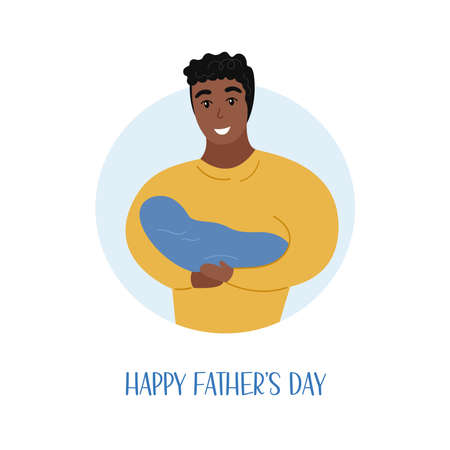 Happy Fathers Day card. Smiling dad holding newborn baby. African american man and little child. Vector flat illustration for Father's day. Celebration greeting card.のイラスト素材