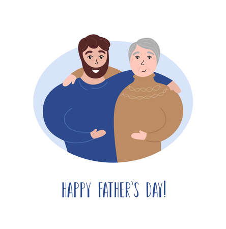 Happy Fathers Day card. Elderly father and adult son embrace. Smiling man hugs his senior dad. Two men together. Flat vector illustration for holidays.のイラスト素材