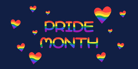 Pride month banner. Rainbow hearts and colorful text. LGBT movement. Vibrant pride month words on dark background. vector illustration.のイラスト素材