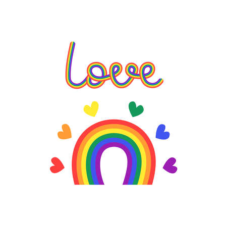 LGBT rainbow isolated. Love word lettering. Cute colorful hand drawn rainbow and hearts. Pride month symbol. vector illustration.のイラスト素材