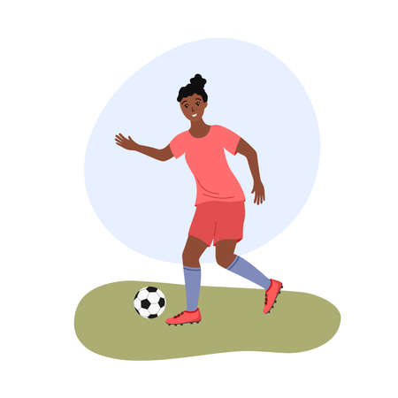 female football. Women's soccer game. Flat vector illustration of african american woman playing football. Girl player isolated.のイラスト素材